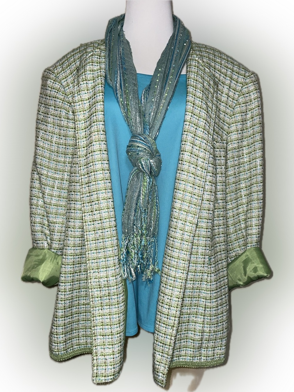 Sag Harbor Light Green Tweed Open-Front Blazer, shirt, scarf | 22W